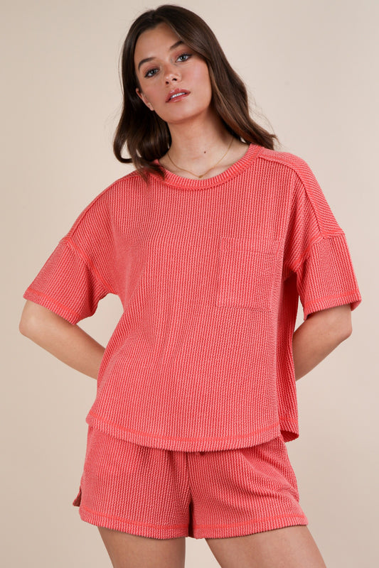 Oversized Two Tone Double Knit Top & Shorts CORAL