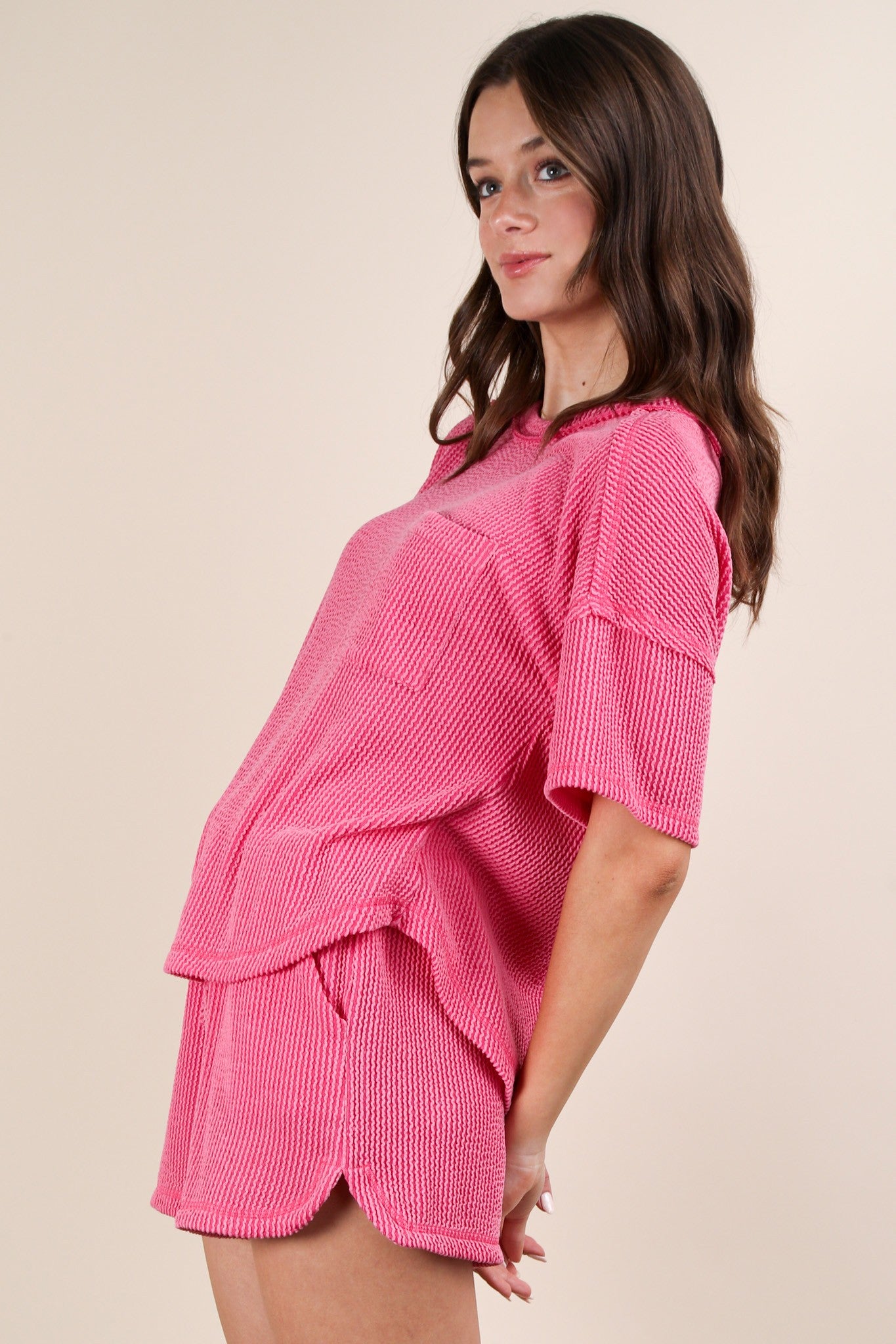 Oversized Two Tone Double Knit Top & Shorts PINK