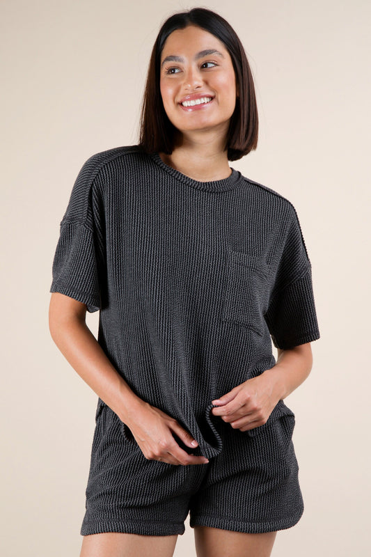Oversized Two Tone Double Knit Top & Shorts CHARCOAL