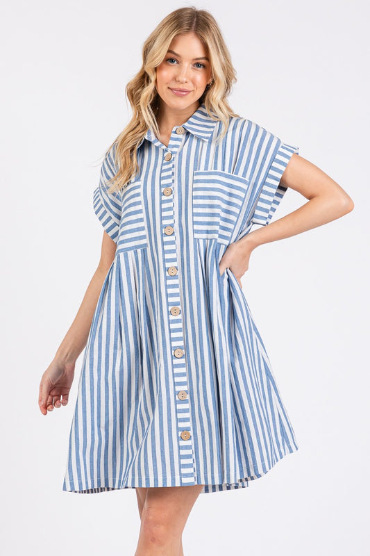Game Day Cotton Striped Button Down Tunic Dress Blue