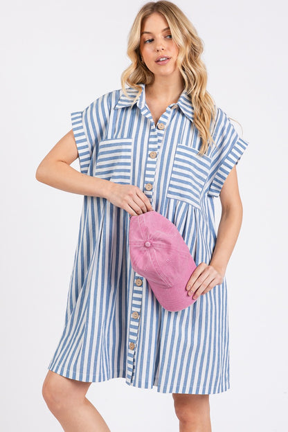 Game Day Cotton Striped Button Down Tunic Dress Blue
