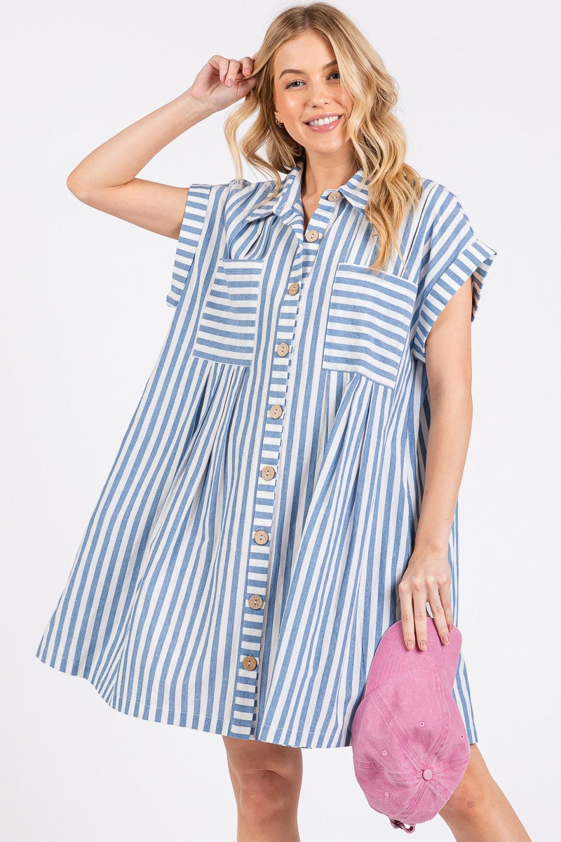 Game Day Cotton Striped Button Down Tunic Dress Blue