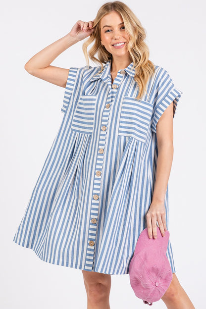 Game Day Cotton Striped Button Down Tunic Dress Blue