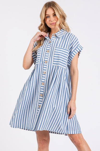 Game Day Cotton Striped Button Down Tunic Dress Blue