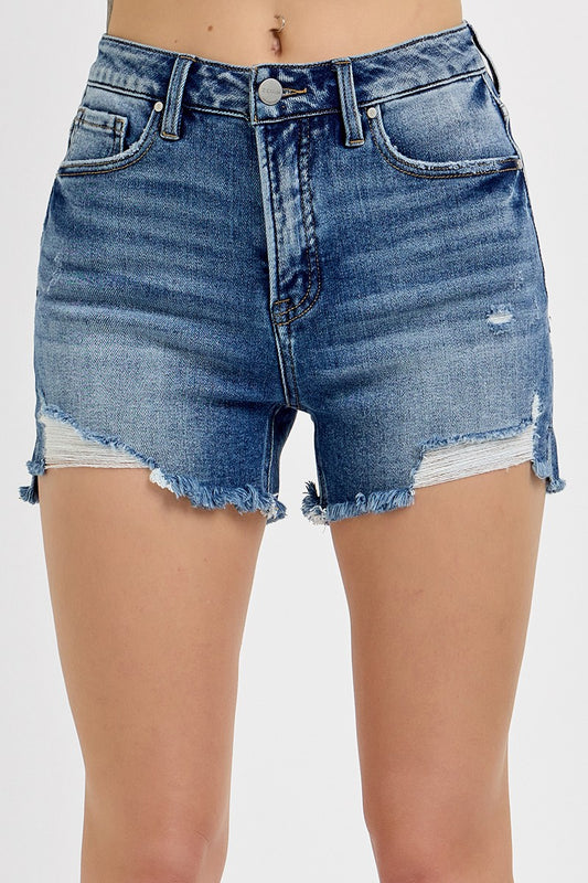 HIGH RISE SIDE SLIT STEP HEM DETAIL SHORTS