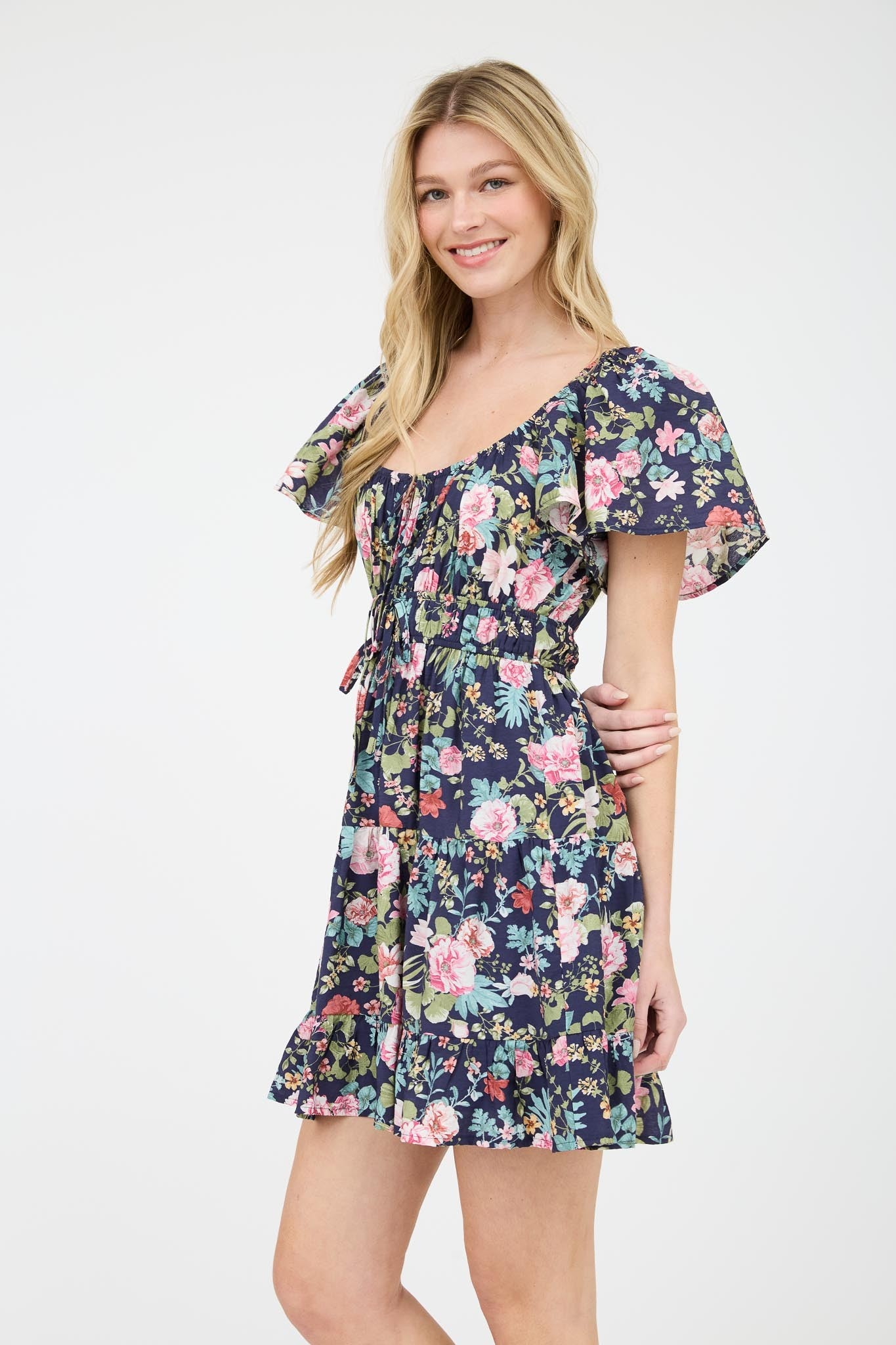 Floral Front Tie Scoop Neck Tiered Mini Dress