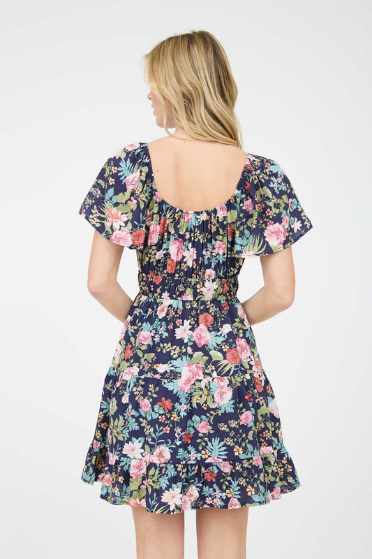 Floral Front Tie Scoop Neck Tiered Mini Dress