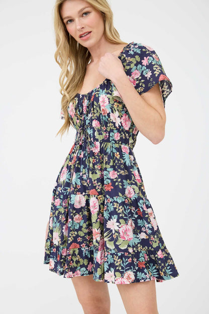 Floral Front Tie Scoop Neck Tiered Mini Dress