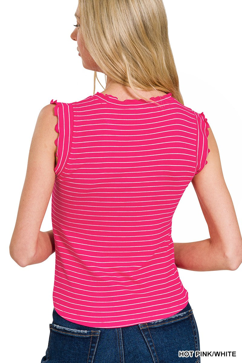Ribbed Ruffle Trim Sleeveless Stripe Top Pink