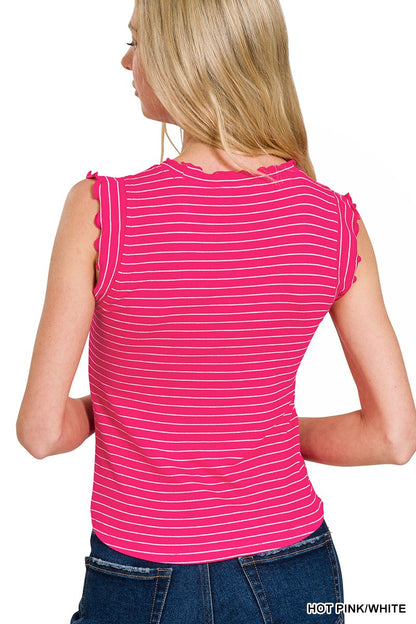Ribbed Ruffle Trim Sleeveless Stripe Top Pink