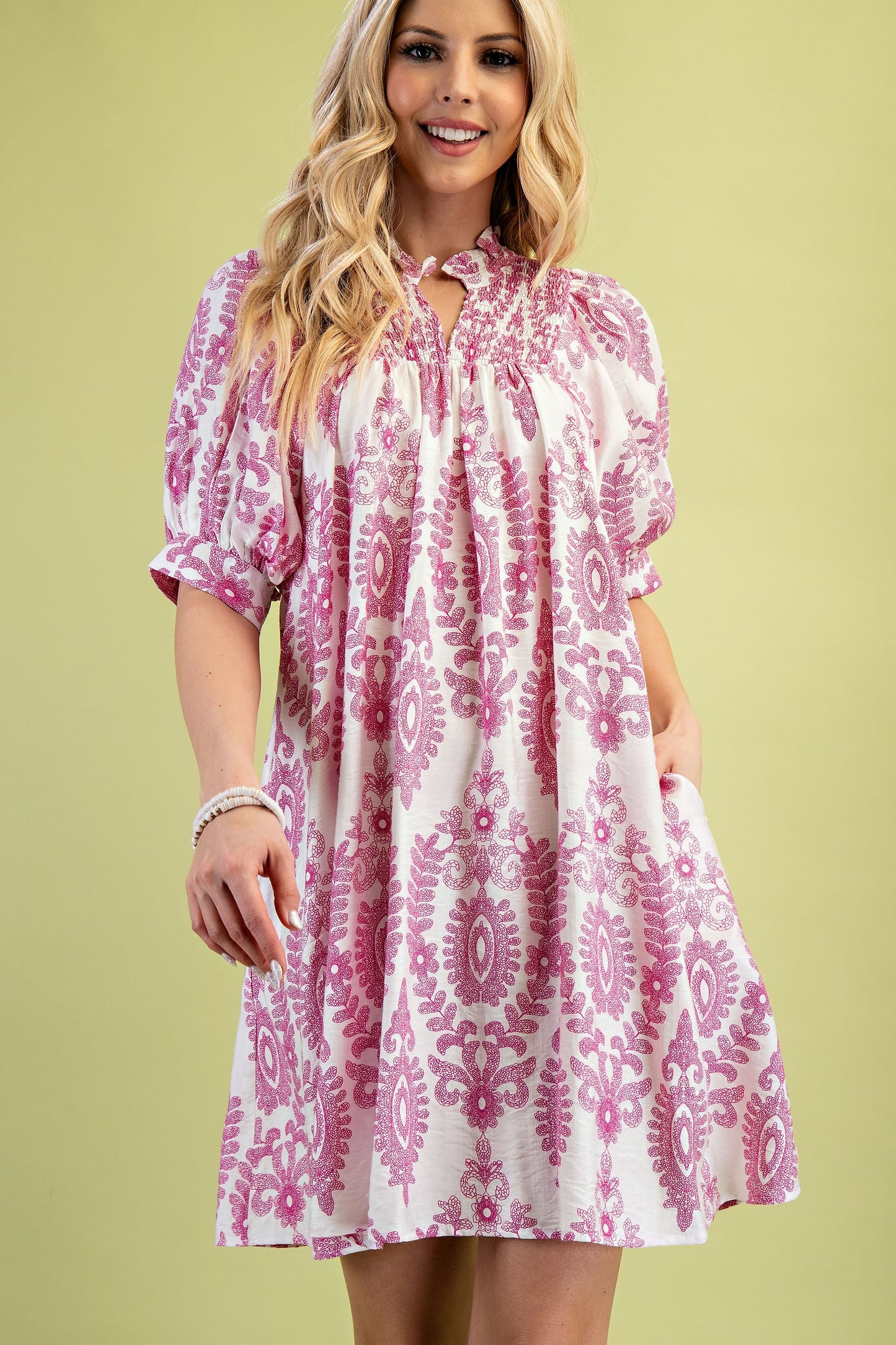 Puff Sleeve Mini Dress Fuchsia