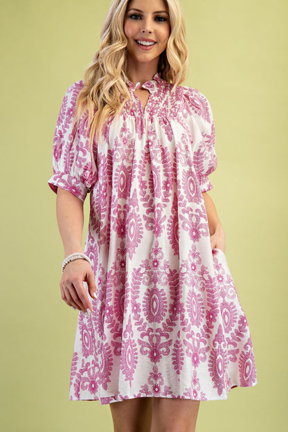 Puff Sleeve Mini Dress Fuchsia