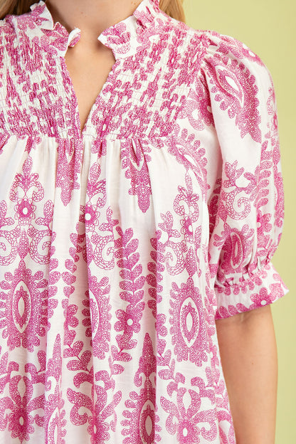 Puff Sleeve Mini Dress Fuchsia