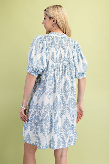 Puff Sleeve Mini Dress Blue