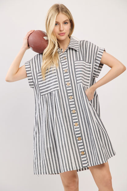 Game Day Cotton Striped Button Down Tunic Dress Black