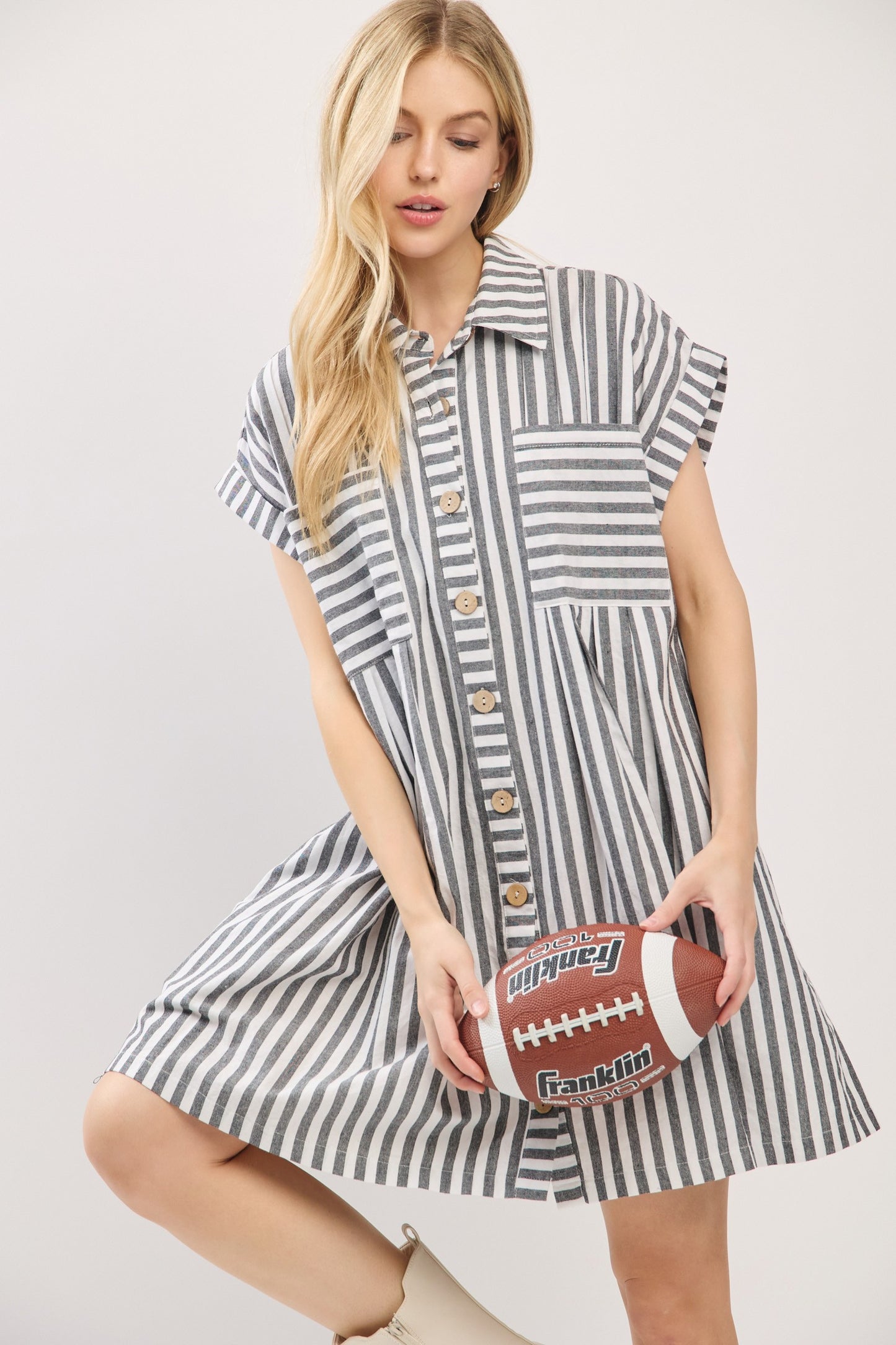 Game Day Cotton Striped Button Down Tunic Dress Black