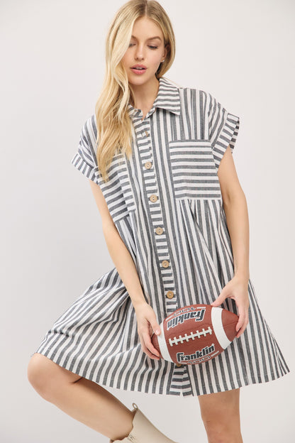 Game Day Cotton Striped Button Down Tunic Dress Black