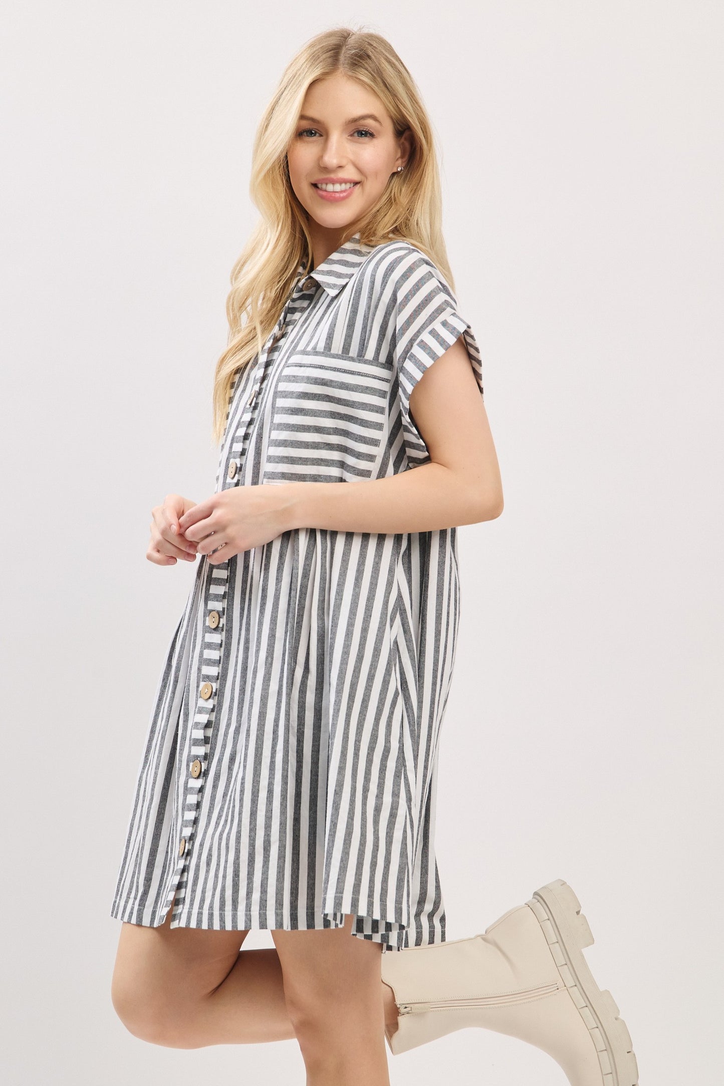 Game Day Cotton Striped Button Down Tunic Dress Black