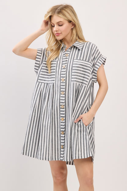 Game Day Cotton Striped Button Down Tunic Dress Black