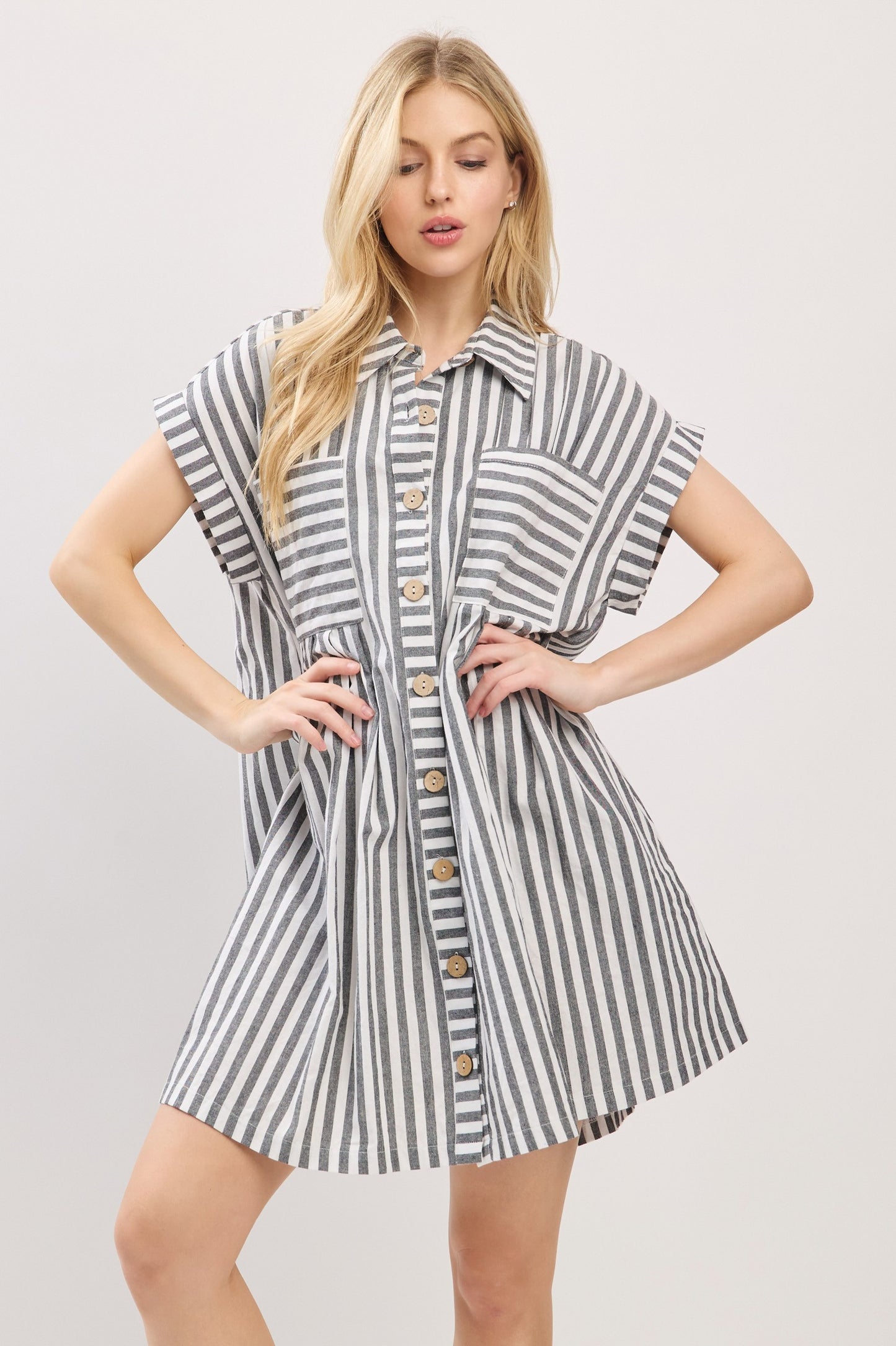 Game Day Cotton Striped Button Down Tunic Dress Black