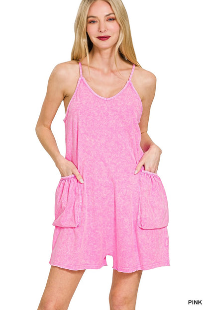 Halo Snow Washed Spaghetti Strap Romper Pink