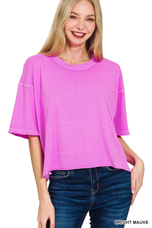 Pigment Dye & Enzyme Washed Oversized Crop Box Tee Bright Mauve