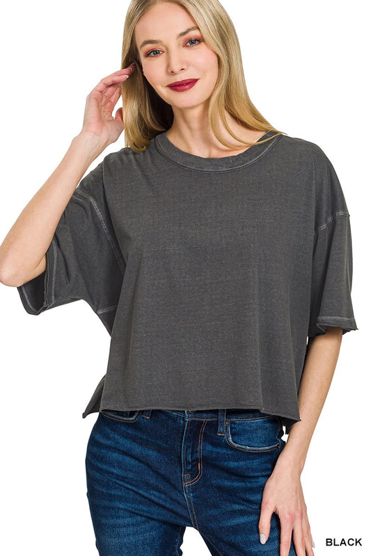 Pigment Dye & Enzyme Washed Oversized Crop Box Tee Black
