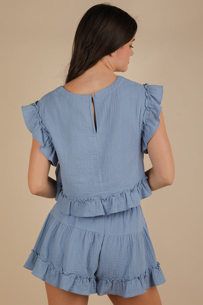 Ruffled Solid Woven Top & Shorts Set Denim