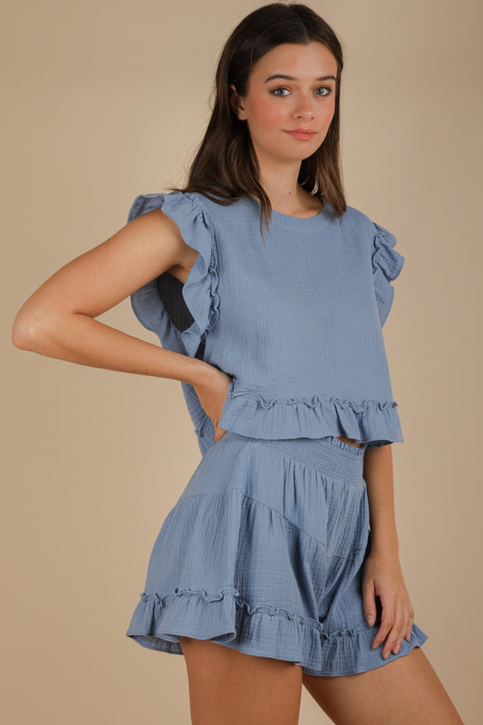 Ruffled Solid Woven Top & Shorts Set Denim
