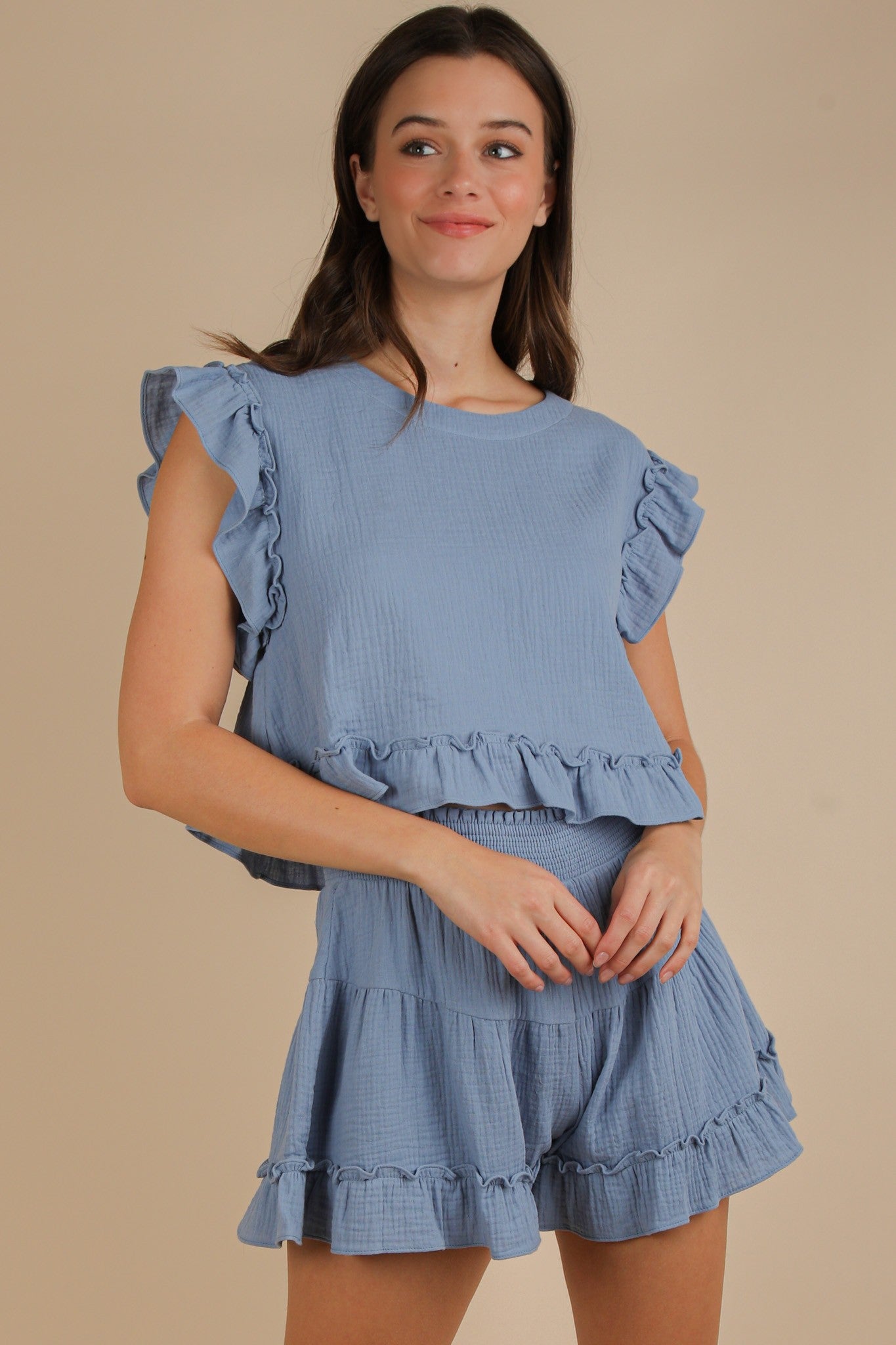 Ruffled Solid Woven Top & Shorts Set Denim