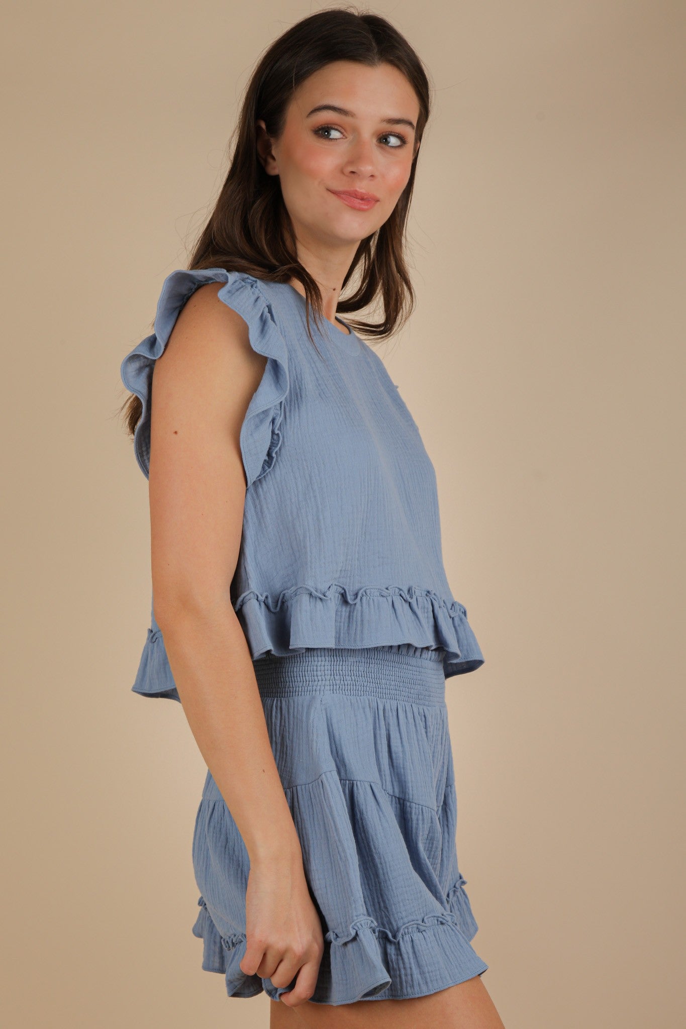 Ruffled Solid Woven Top & Shorts Set Denim