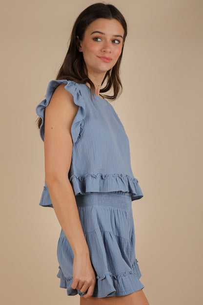 Ruffled Solid Woven Top & Shorts Set Denim