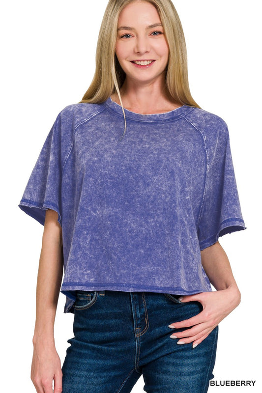Acid Washed Round Neck Crop Tee Blue
