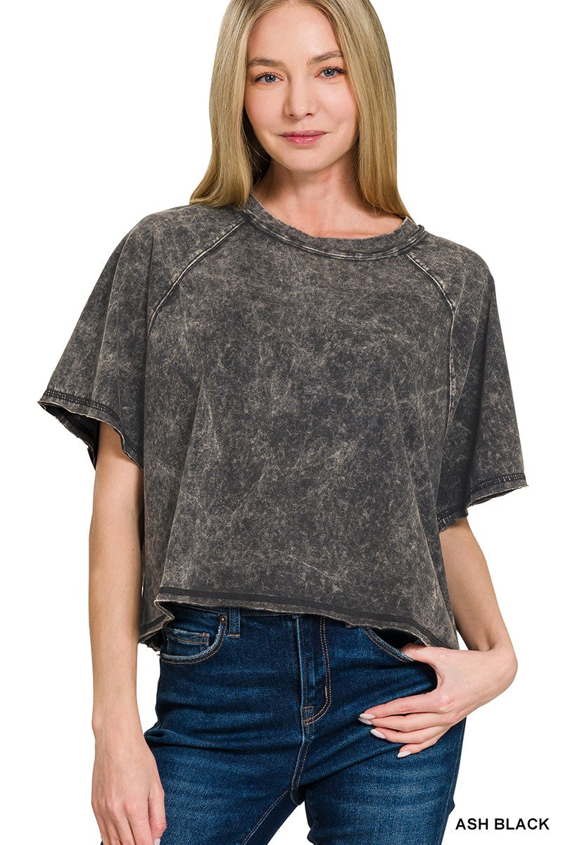 Acid Washed Round Neck Crop Tee Black
