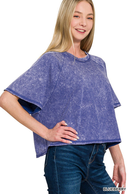 Acid Washed Round Neck Crop Tee Blue