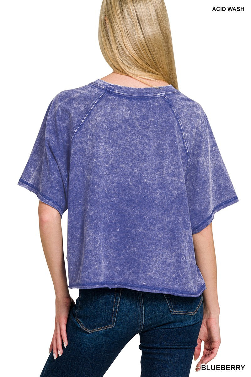 Acid Washed Round Neck Crop Tee Blue