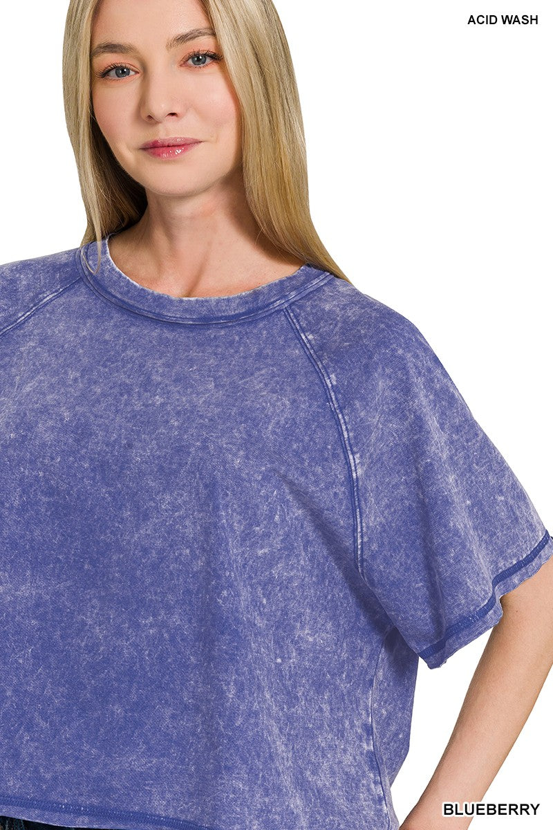 Acid Washed Round Neck Crop Tee Blue