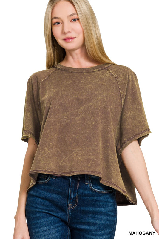 Acid Washed Round Neck Crop Tee Mahogany
