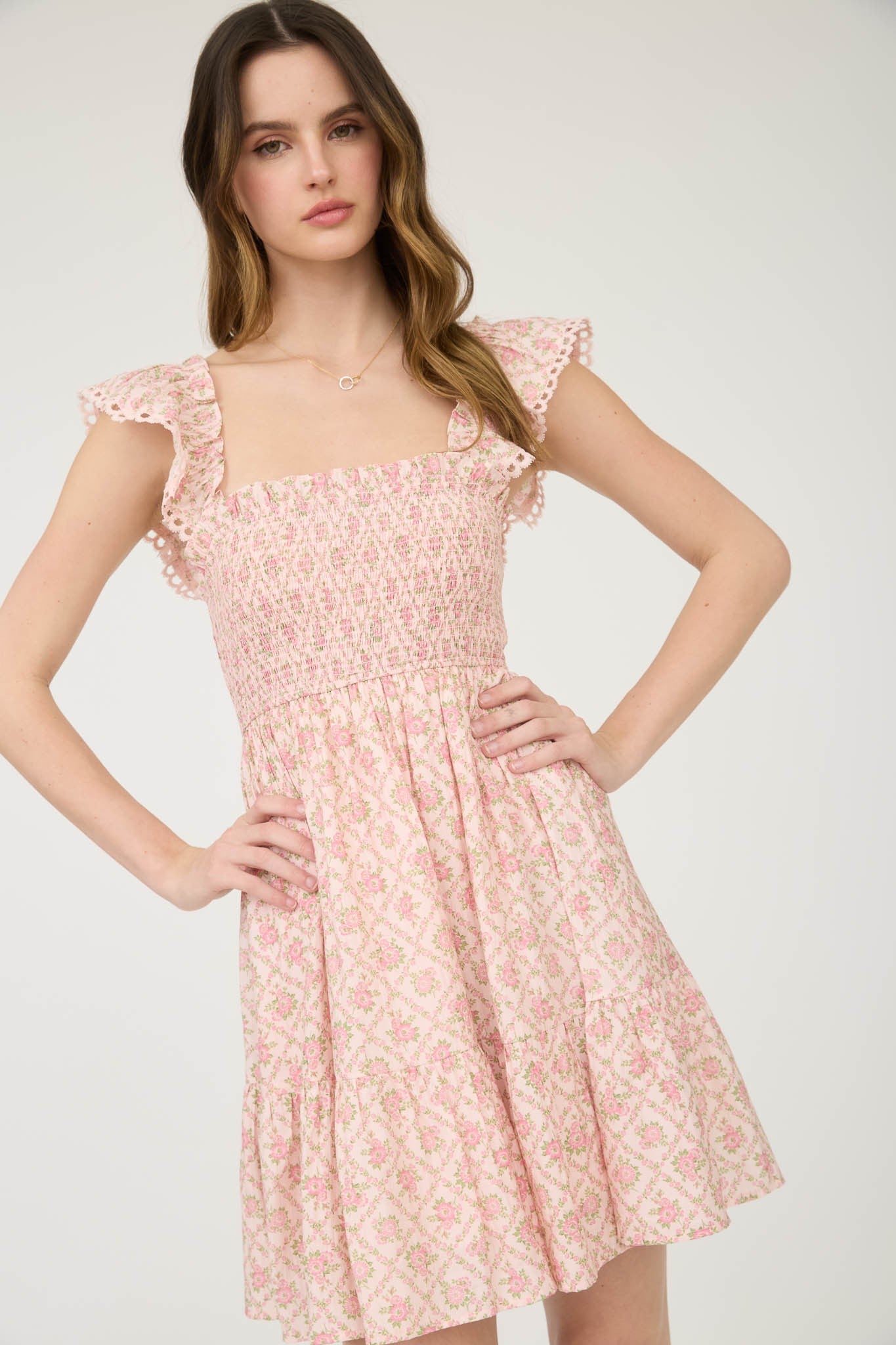 Floral Trellis Pattern Smocked Mini Dress