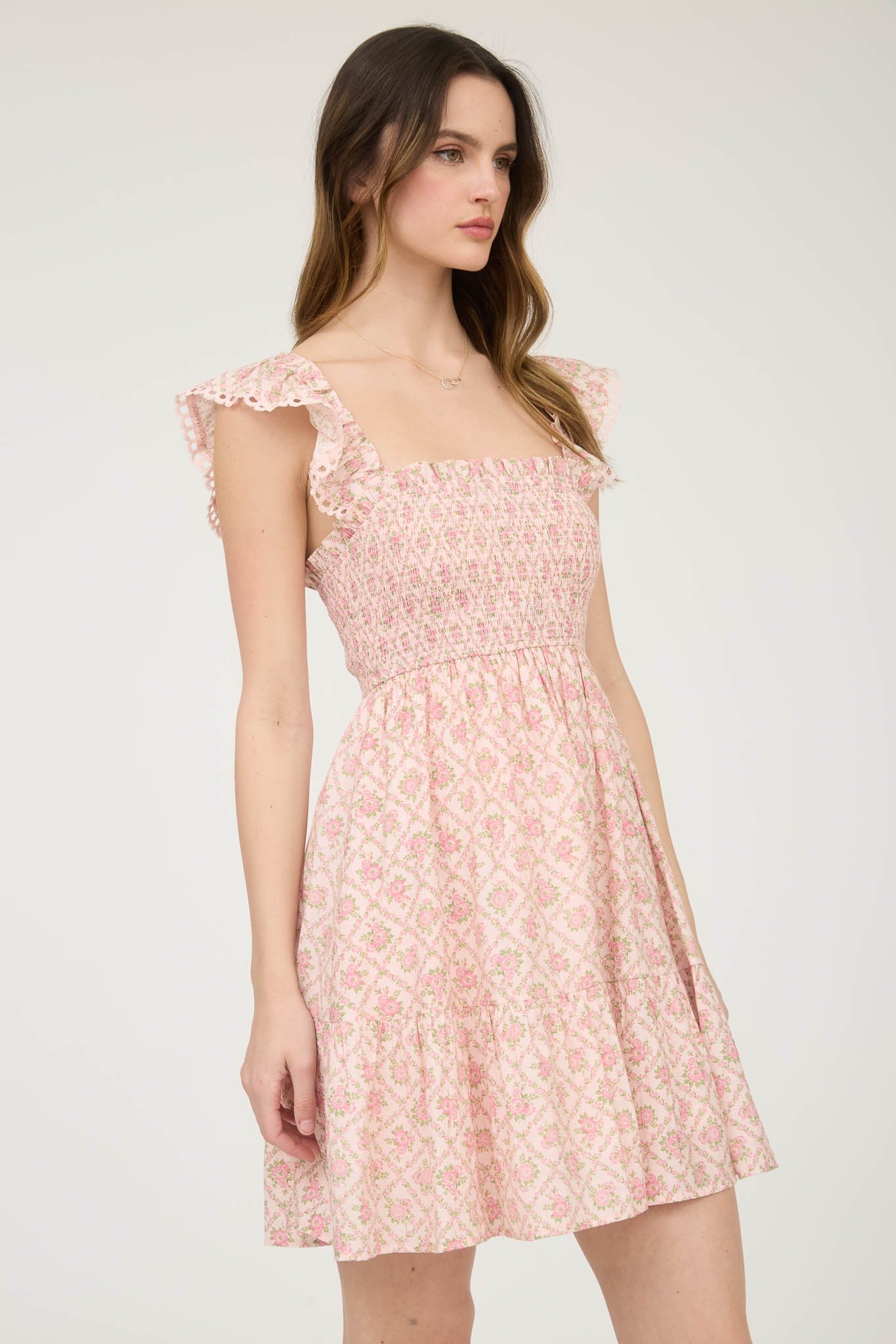 Floral Trellis Pattern Smocked Mini Dress