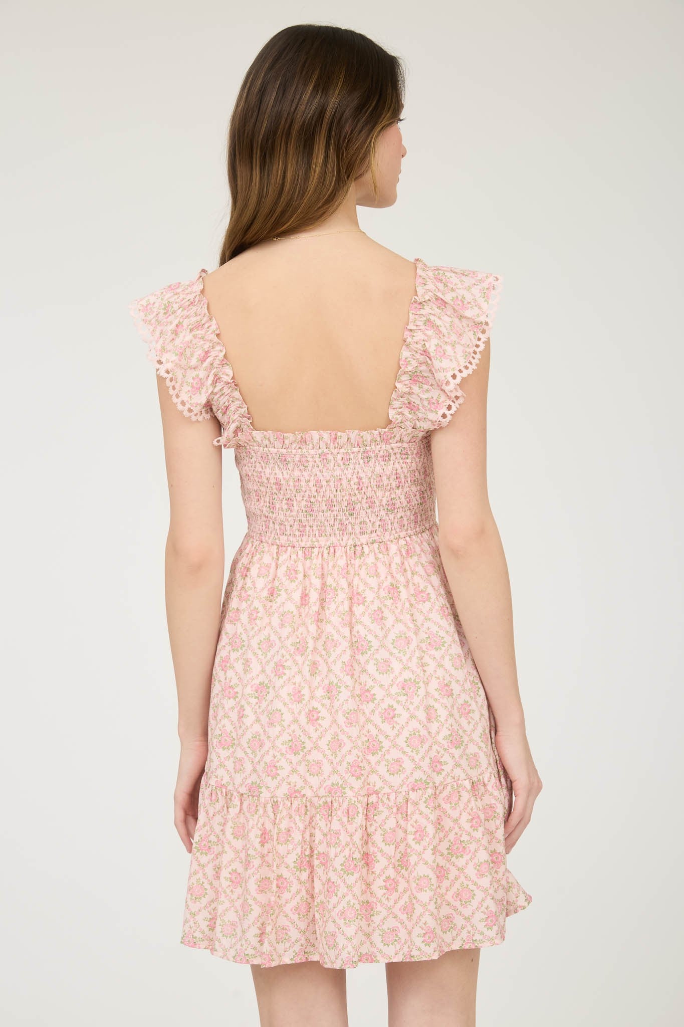 Floral Trellis Pattern Smocked Mini Dress