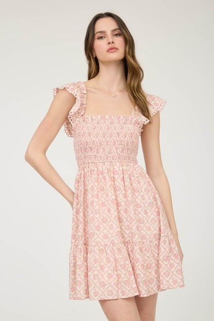 Floral Trellis Pattern Smocked Mini Dress