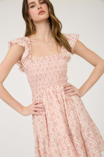 Floral Trellis Pattern Smocked Mini Dress