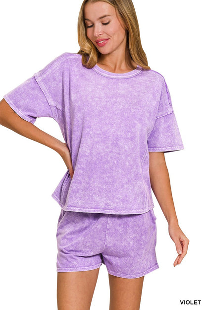 Halo Snow Washed Short Sleeve Tee & Shorts Set - Violet
