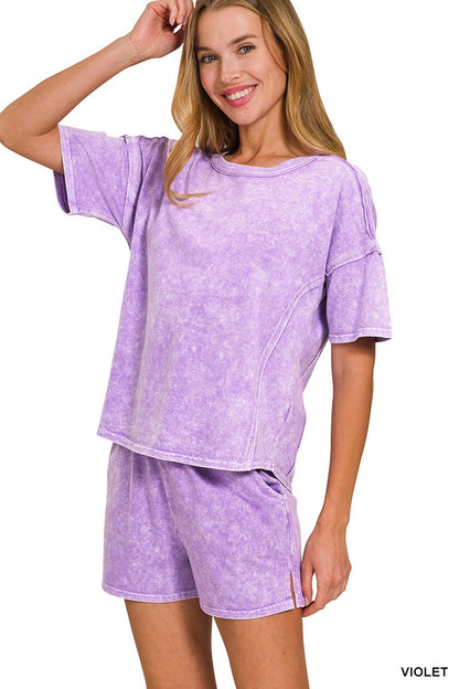 Halo Snow Washed Short Sleeve Tee & Shorts Set - Violet