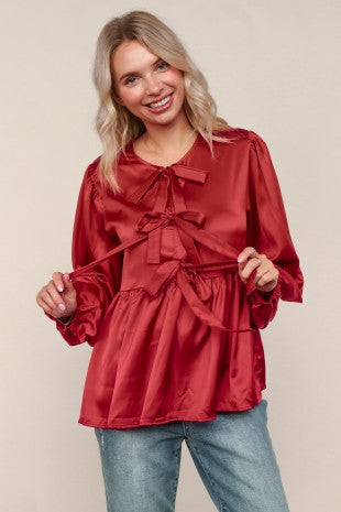 Satin Babydoll Top W/ Front Ribbon Bow Tie