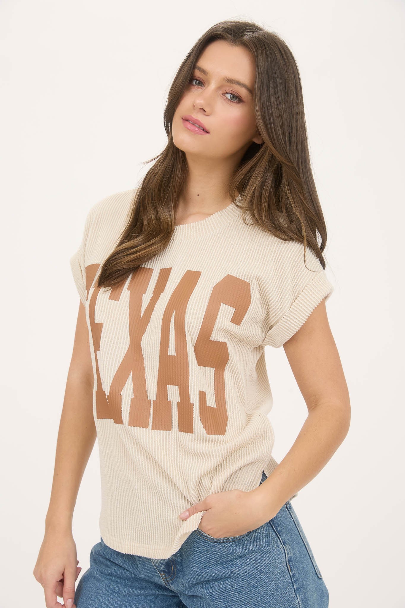 Texas Short Sleeve Sweater Knit T-shirt Cream