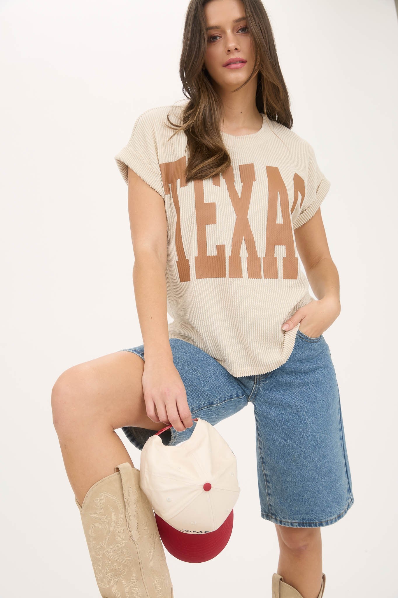Texas Short Sleeve Sweater Knit T-shirt Cream