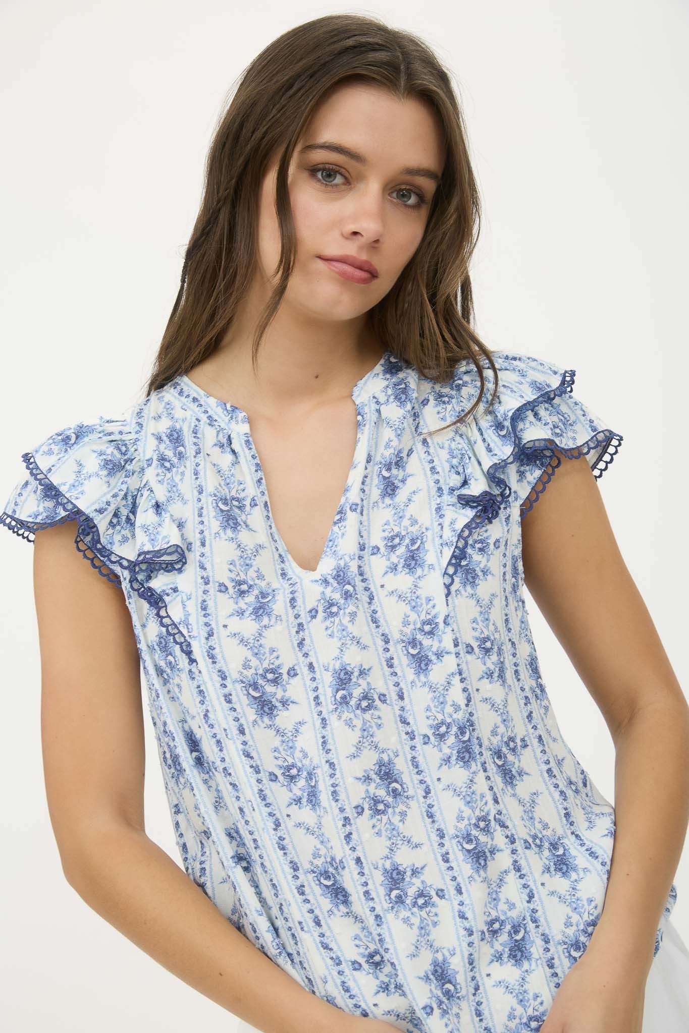 Stripe Floral Split Neck Ruffle Sleeve Top