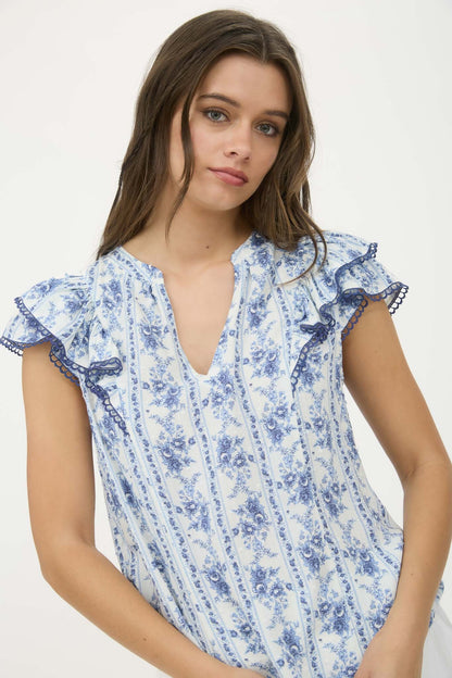 Stripe Floral Split Neck Ruffle Sleeve Top
